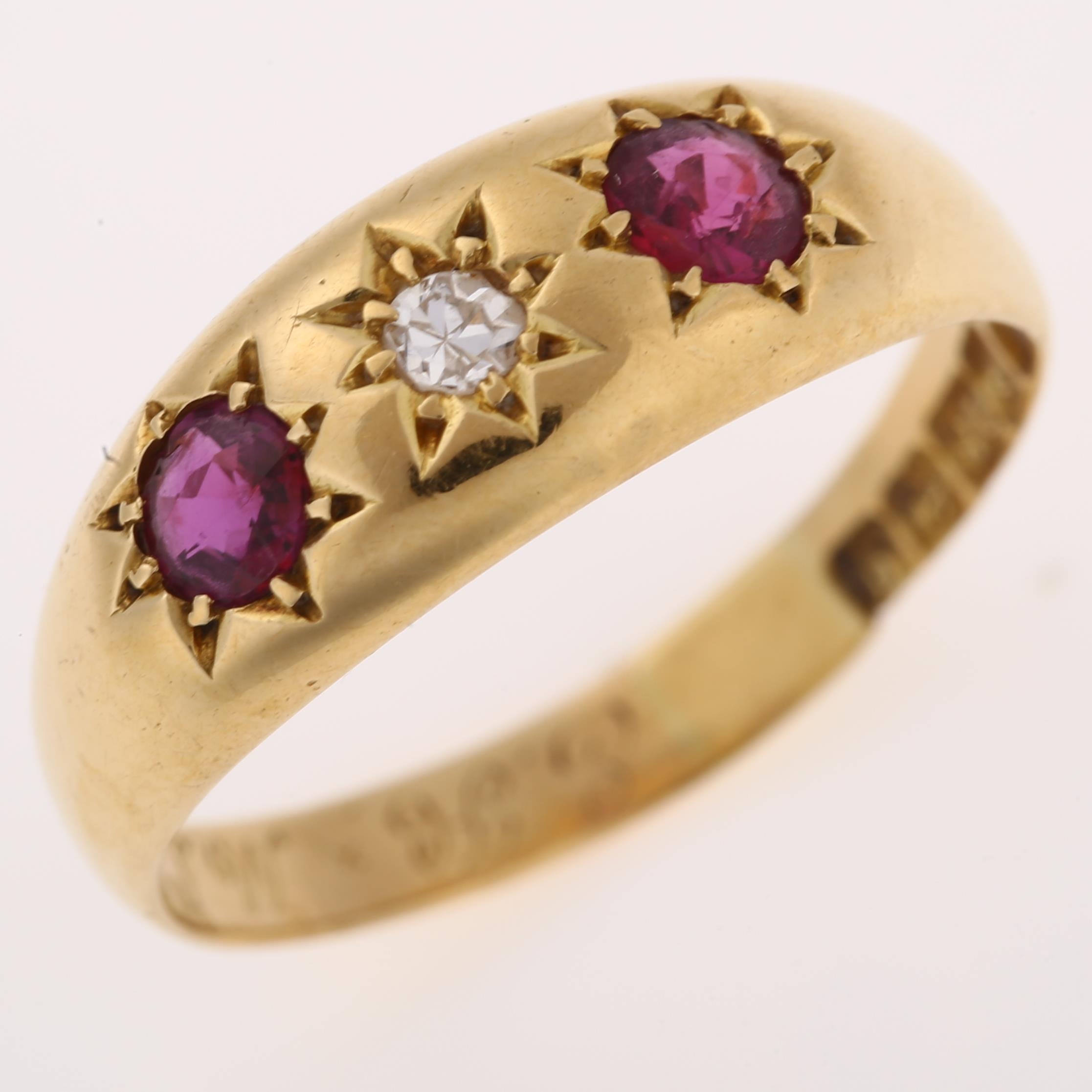 An early 20th century 18ct gold three stone ruby and diamond gypsy ring, set with round-cut ruby and - Image 2 of 4