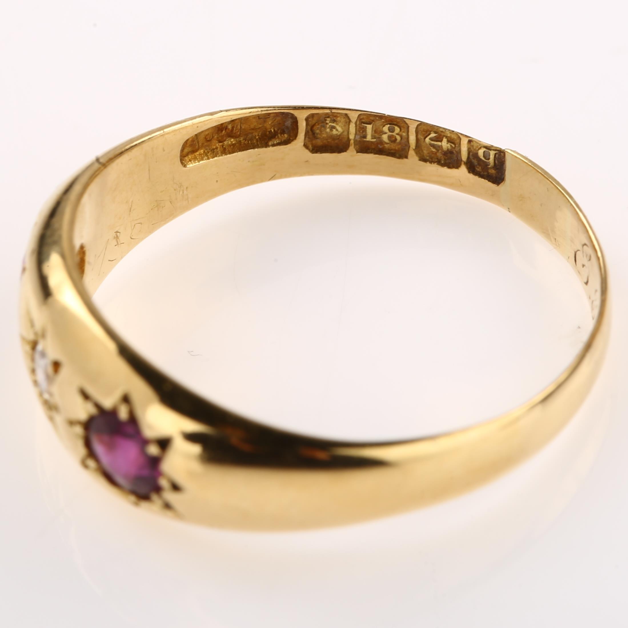 An early 20th century 18ct gold three stone ruby and diamond gypsy ring, set with round-cut ruby and - Image 3 of 4