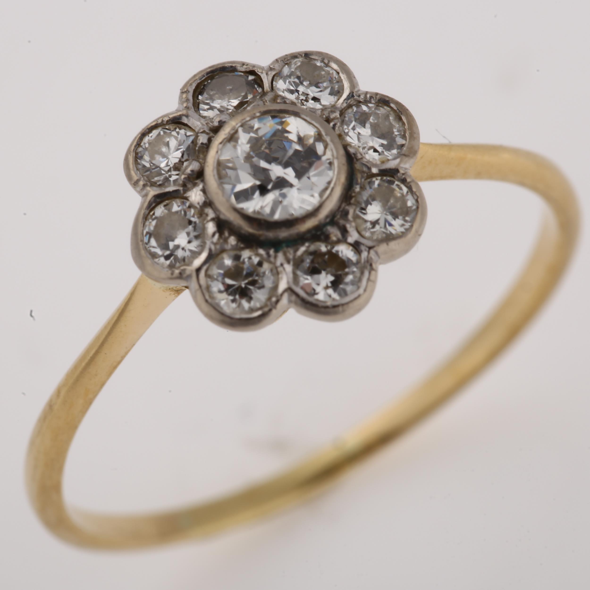A mid-20th century diamond cluster flowerhead ring, unmarked gold settings, set with modern round - Image 2 of 4