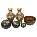 A pair of cloisonne baluster vases, H16cm, a set of nesting lacquer boxes, and a cloisonne bowl