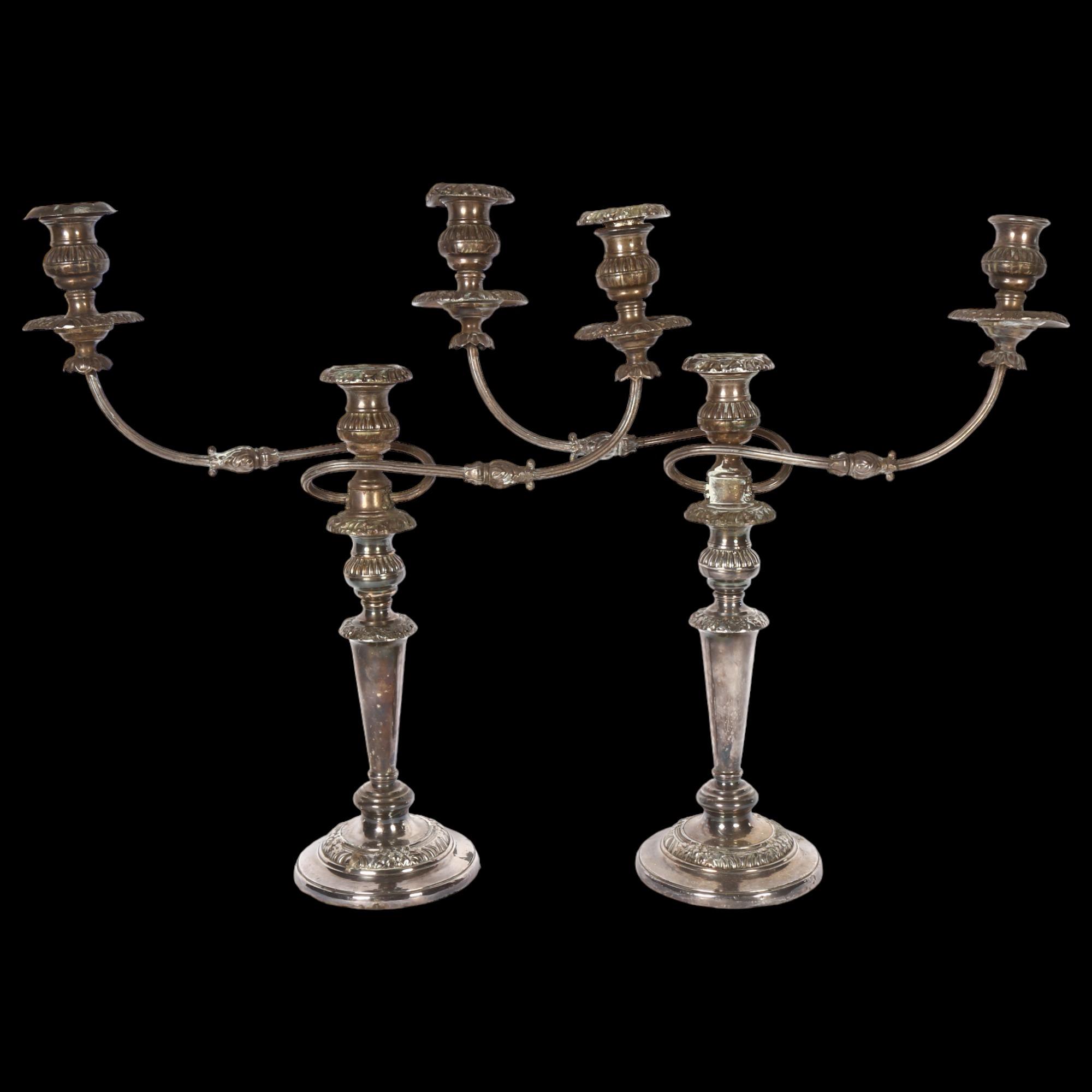 A large pair of silver plate on copper 2-branch candelabras (1 sconce missing), H49cm