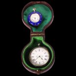 A small lady's Continental silver and blue enamel fob watch, with enamel dial, and seed pearl