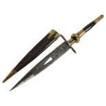 A Middle Eastern brass and horn-handles dagger with pierced blade, 36cm, with tooled leather brass-