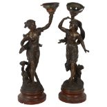 Par? Bruchon, a pair of early 20th century spelter female figure table lamps, with brass plaques for