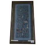 2 similar framed embroidered fabric Chinese panels, depicting figures playing games and other