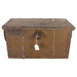 An Oriental metal-bound stained pine box and cover, with rope handles, L56cm