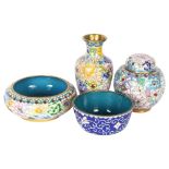 4 pieces of cloisonne, including a silver wired blue bowl, and a gilt flowered vase, H13cm etc (4)