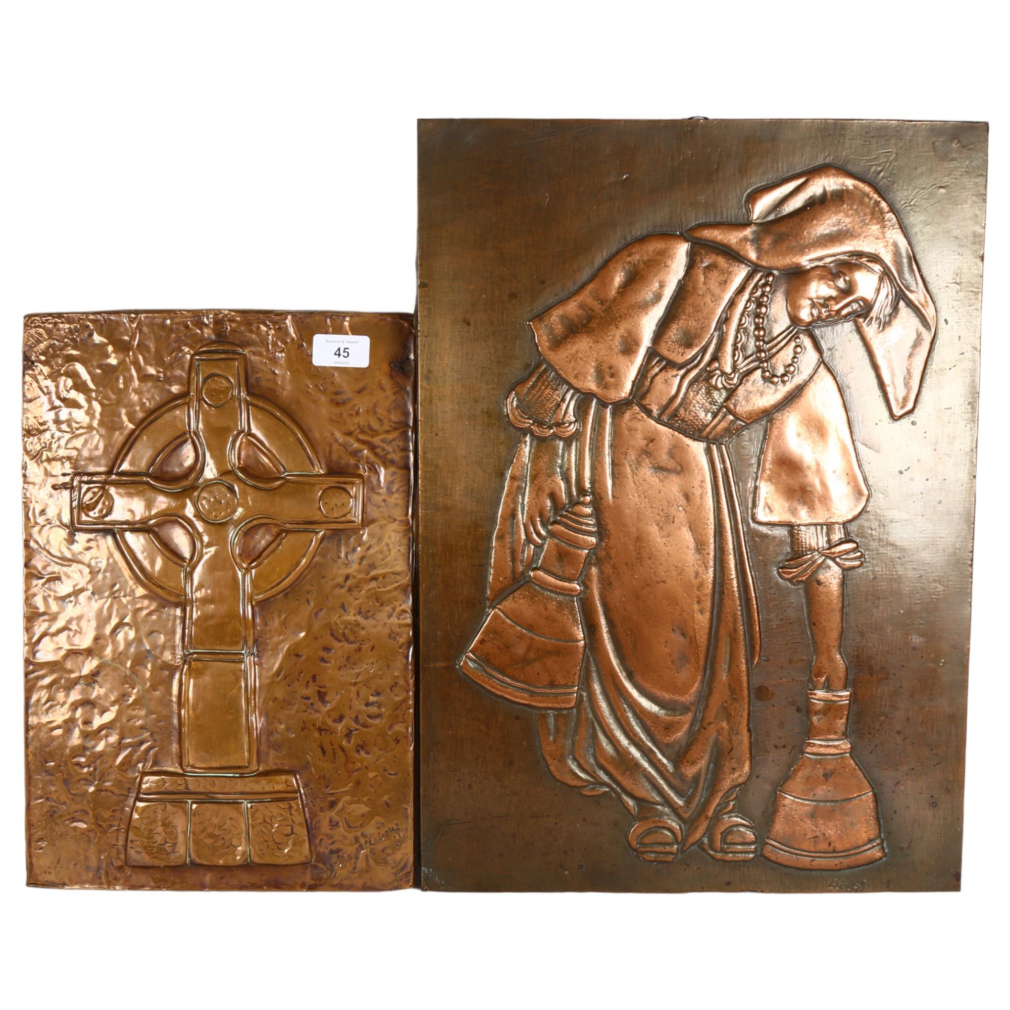 3 various copper-clad panels, to include a Celtic cross, signed, 1 depicting a maiden, signed B