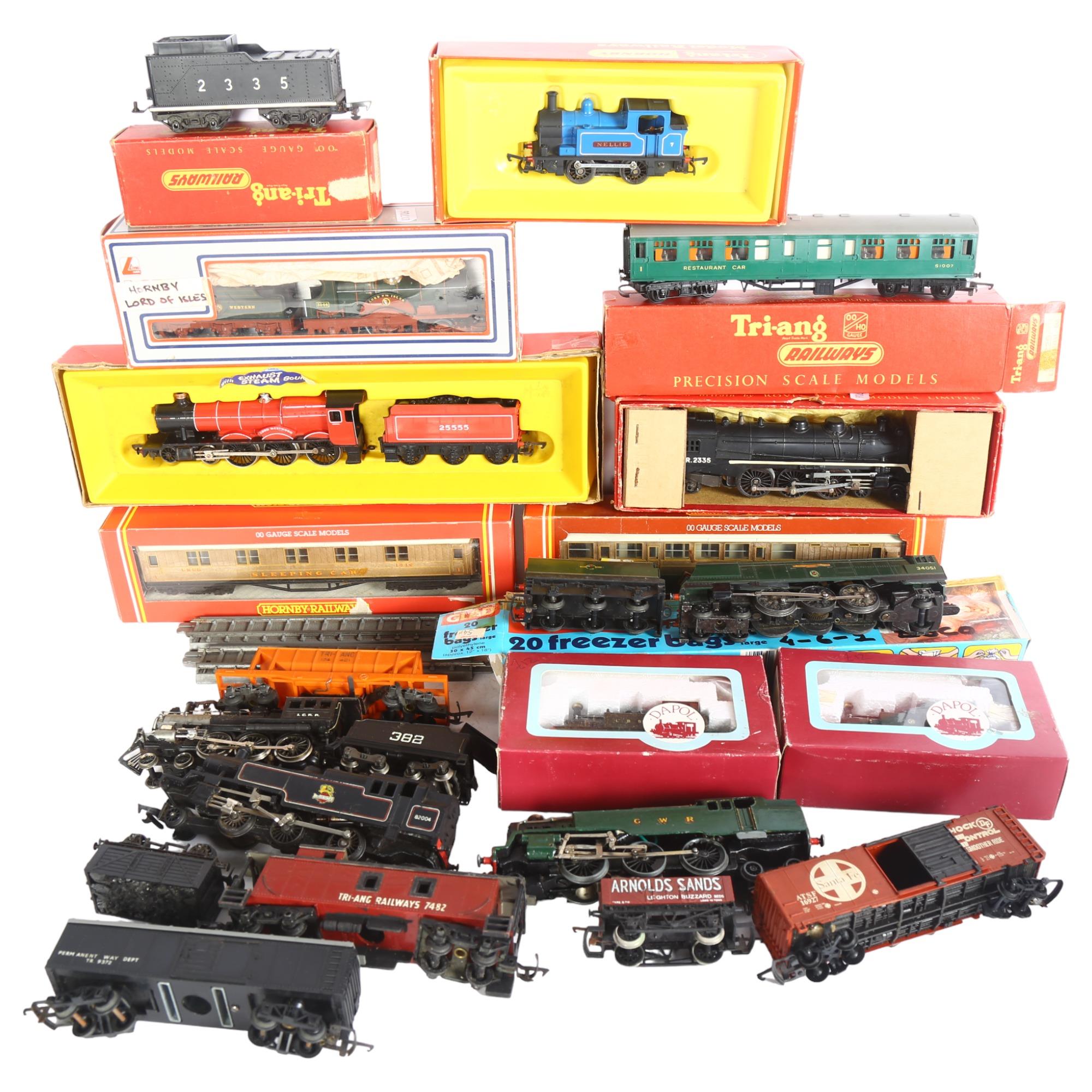 A quantity of Vintage Hornby and Tri-ang model railway locomotives, carriages and goods transport