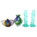 A quantity of Studio or Art glass, including a pair of turquoise thorn vases, H20cm, a