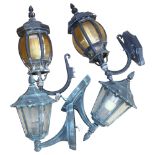 A pair of hexagonal verdigris metal modern porch lamps, with fixing brackets, H39cm, and a large