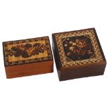 2 Victorian Tunbridge Ware boxes, each with floral decorated lids, 6cm approx Both in good
