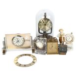 A brass 400-day clock under glass dome, H28cm, an Art Deco mantel clock, porcelain pocket watch