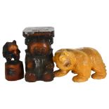 3 Hokkaido style carved and stained wood bears, 1 being in the form of a stool, H31.5cm