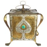 An Arts and Crafts brass and pressed metal square-section coal box and cover, the stylised panels