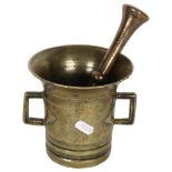 An early 2-handled bronze pestle and mortar, H13cm