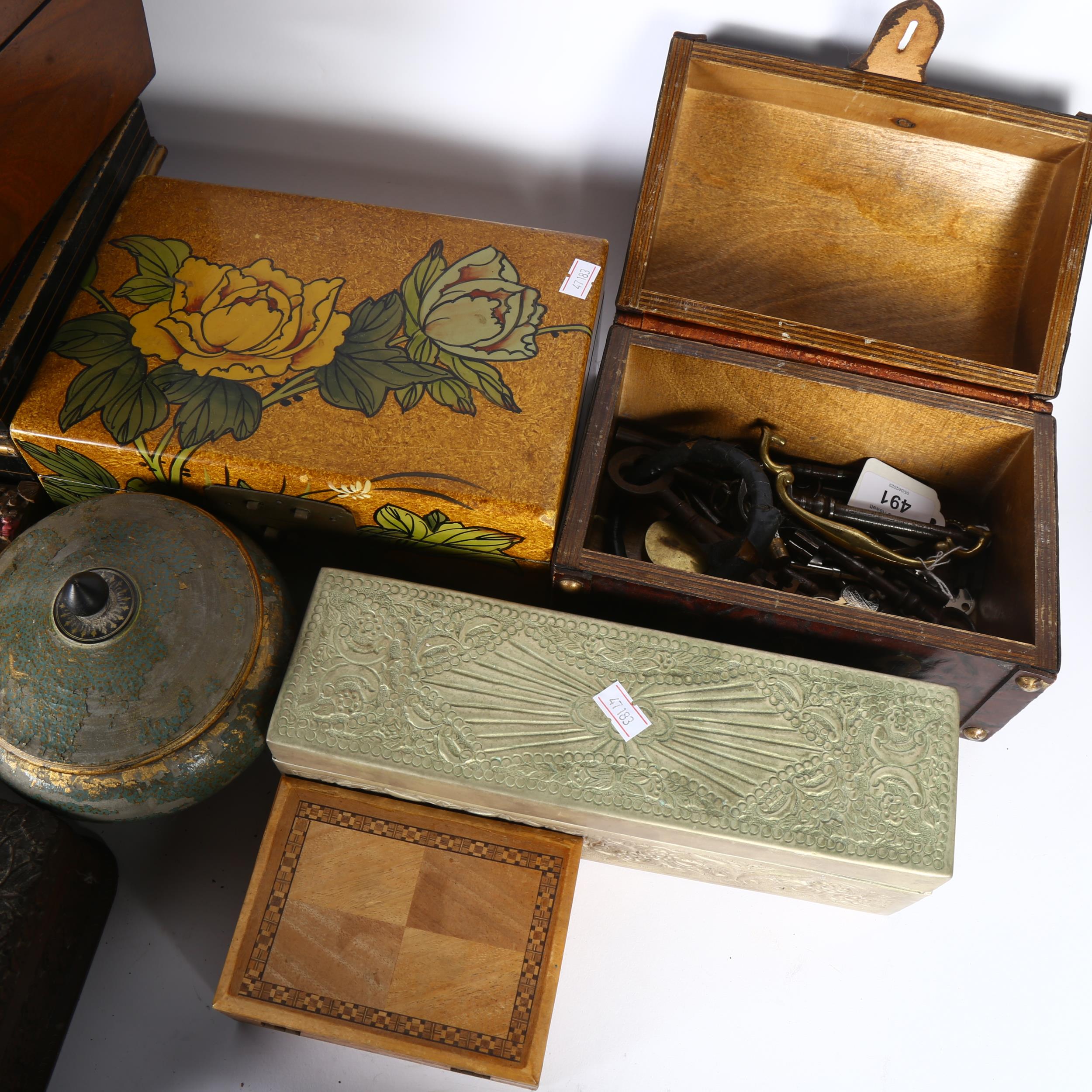 2 Eastern carved wood boxes, 4 others, a cash tin, and another, and a leather-covered box with keys - Image 2 of 2