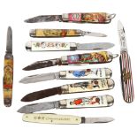 10 various pictorial pocketknives, including football, American etc