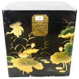 An Oriental lacquered wooden box, with bird and waterlily decoration, H43cm