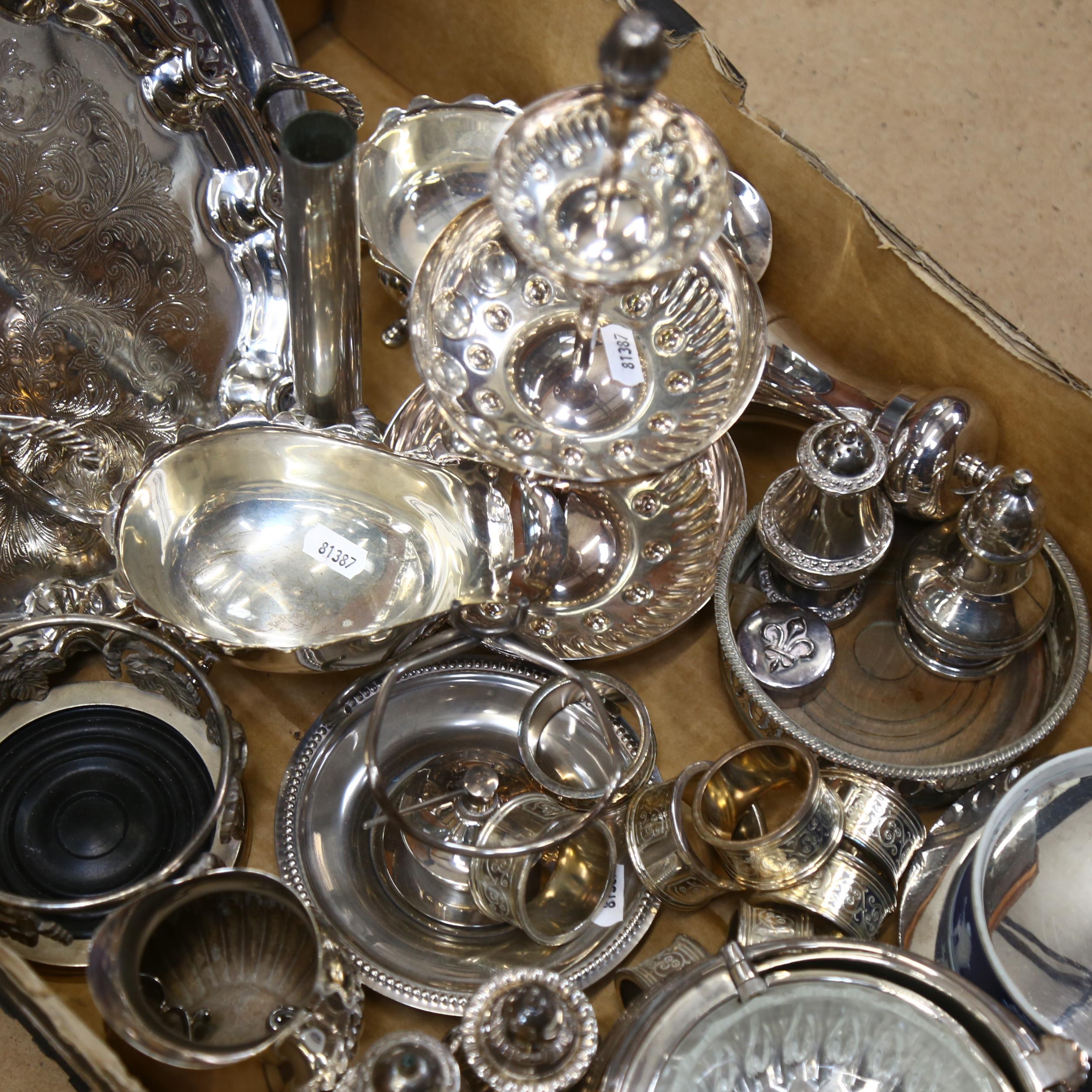 A quantity of mixed plated ware, including salvers, 3-tier table centre, roll-over bacon dish, cruet - Image 2 of 2