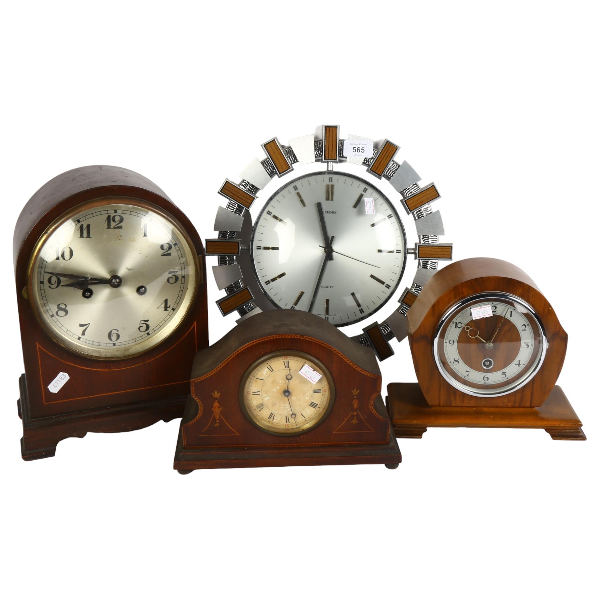 A group of 4 clocks, including a dome-top mantel clock with 2-train movement, 29cm, 2 other mantel