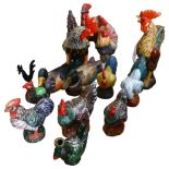 Various cockerel and hen ornaments, a chicken egg container etc