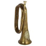 A brass military bugle, with the Sutherland & Argyle brass badge, H30cm All over surface dents and