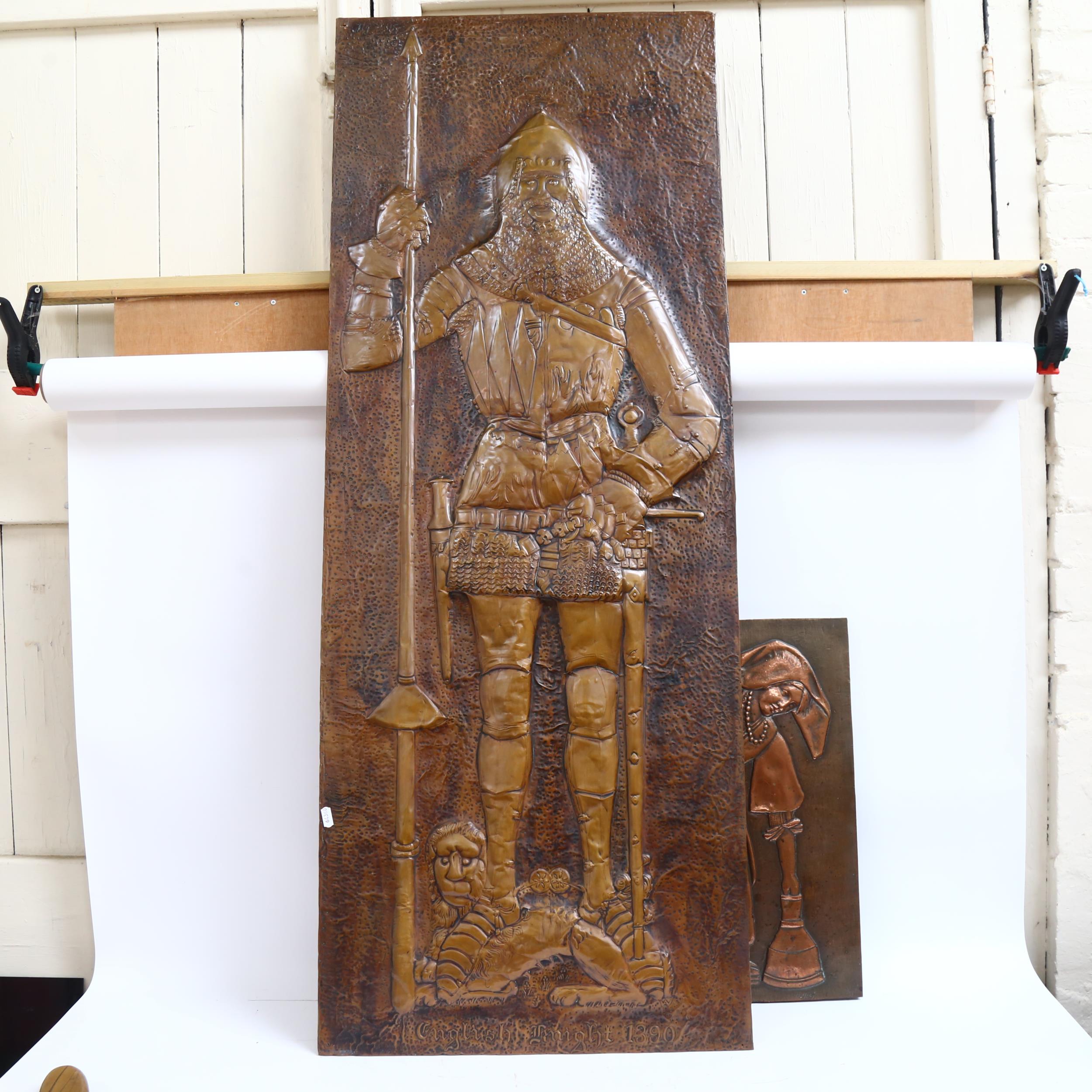 3 various copper-clad panels, to include a Celtic cross, signed, 1 depicting a maiden, signed B - Image 2 of 2