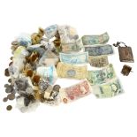 A large collection of British and foreign coins, banknotes etc, including a sovereign purse, and