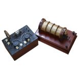 A Vintage induction coil on mahogany mount, L30cm, and an early communication device