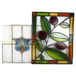 2 coloured leadlight glass panels, 1 decorated with flowers, the other in Art Nouveau style, largest