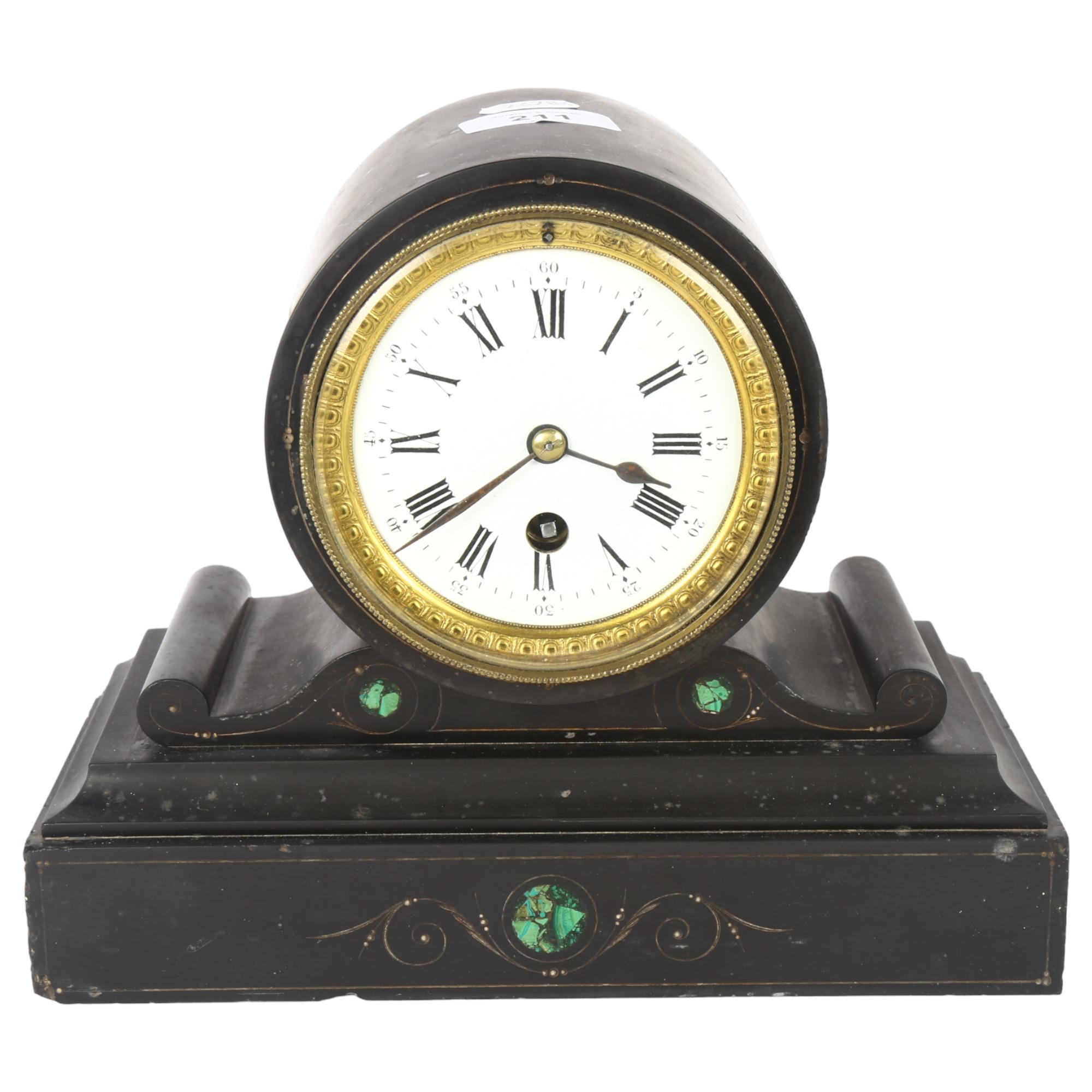 A Victorian black slate and malachite decorated drum mantel clock, white enamel dial, Roman