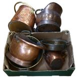 3 copper coal buckets, a brass preserve pan, kettle etc