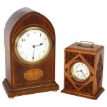 An Edwardian mahogany lancet-top mantel clock, H22cm, and another (2)