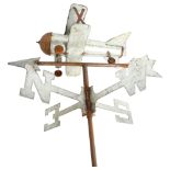 A wrought-iron and pressed metal weather vane, surmounted by a bi-plane, overall height 115cm