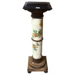 Antique plant/lamp stand, with floral decorated ceramic column, wooden top and plinth with bun feet,