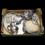 A 3-piece silver plated tea set of half-fluted form, plated bread board, an oval serving tray etc (