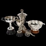 3 silver plated presentation trophies, tallest 32cm, a fruit bowl on stand, and a table cannon