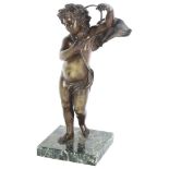 A patinated bronze sculpture, study of Cupid on green marble base, H31cm Good condition, no damage