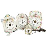 4 Continental ceramic and enamel wall clocks, largest 23cm