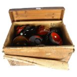 A Japanese Vintage pine box and cover, containing various lacquered bowls and dishes, some with