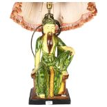 A large Chinese figural deity lamp and shade, height including shade 80cm