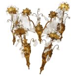 A set of mid-20th century crystal hung gilded brass wall sconces, comprising 4 single light and 1