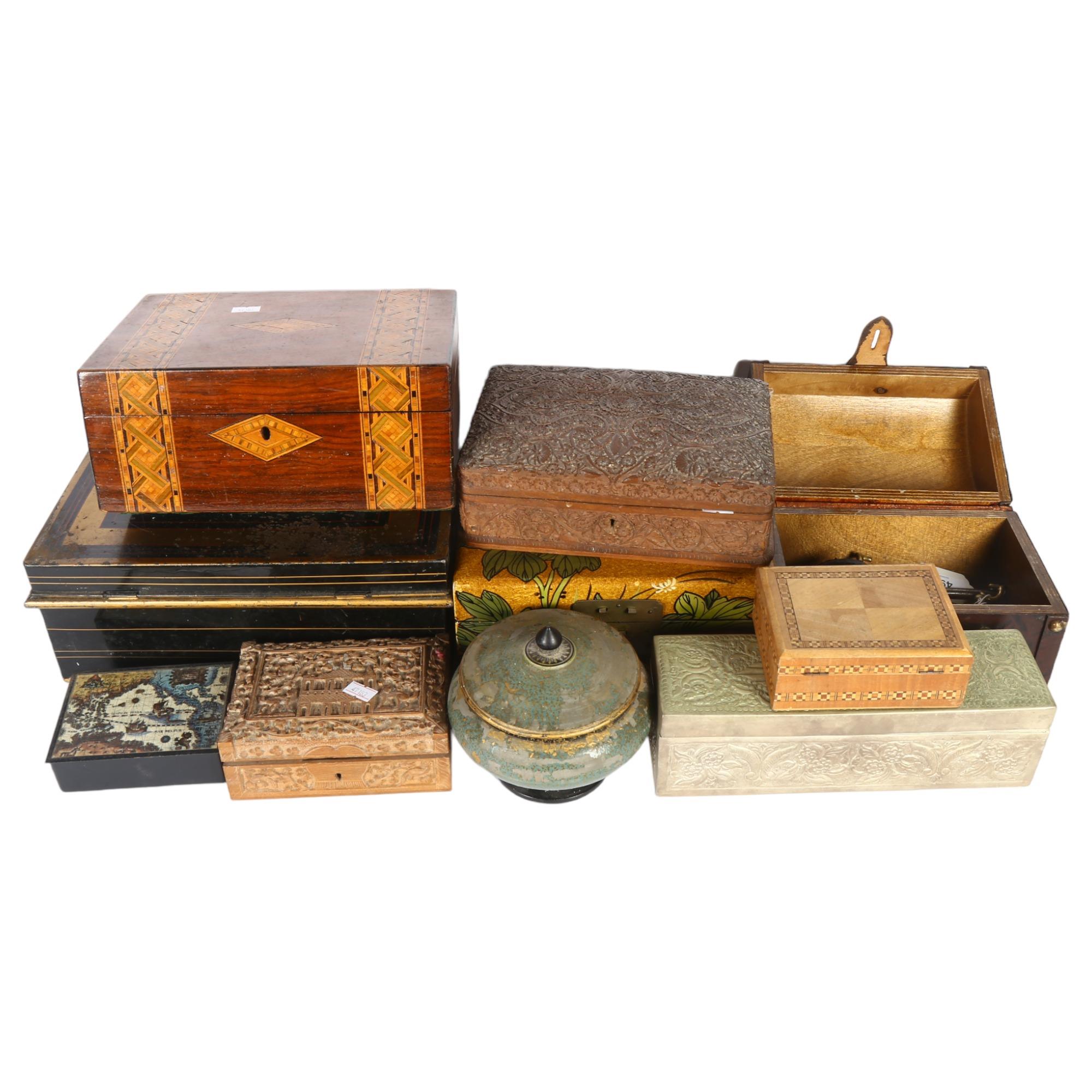 2 Eastern carved wood boxes, 4 others, a cash tin, and another, and a leather-covered box with keys