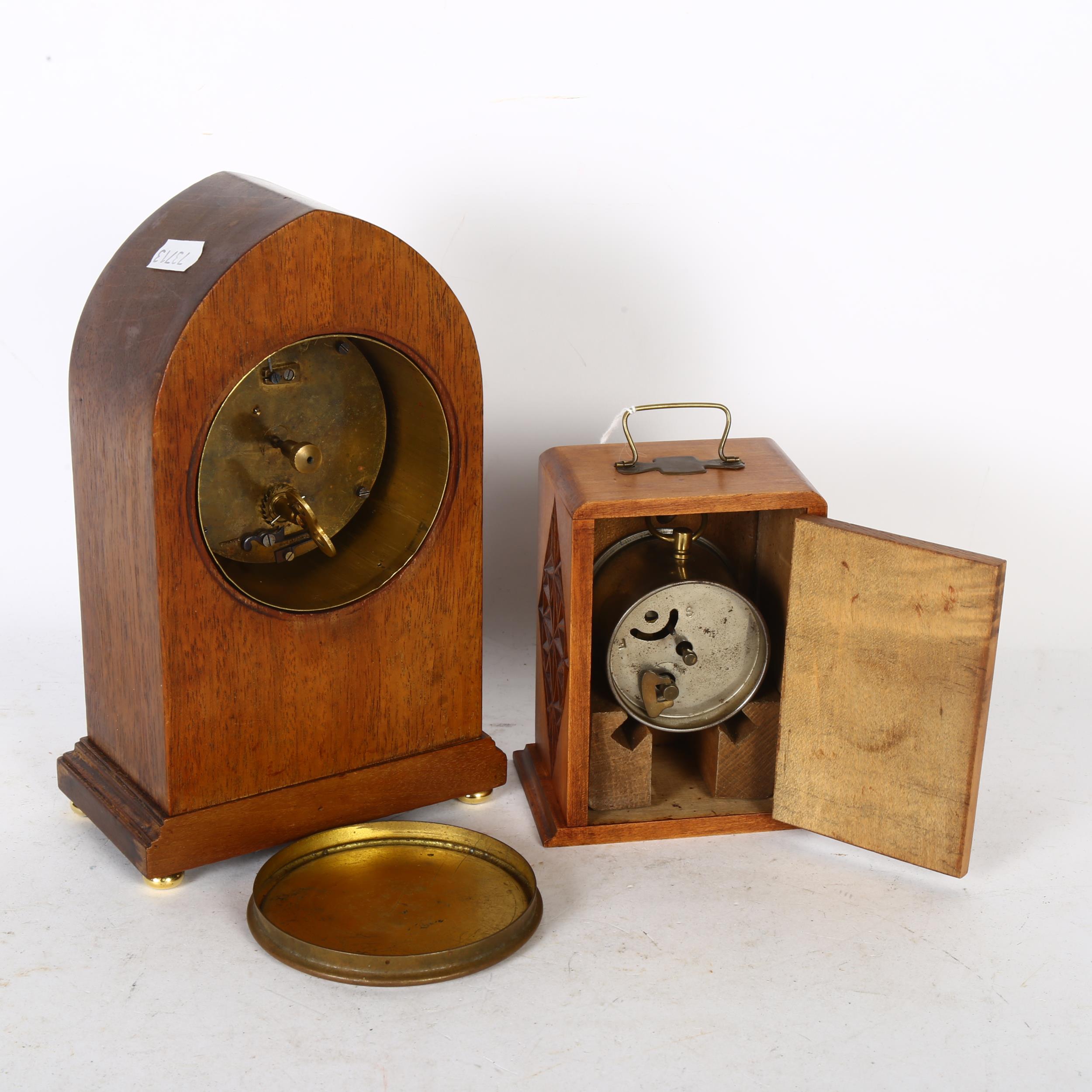 An Edwardian mahogany lancet-top mantel clock, H22cm, and another (2) - Image 2 of 2