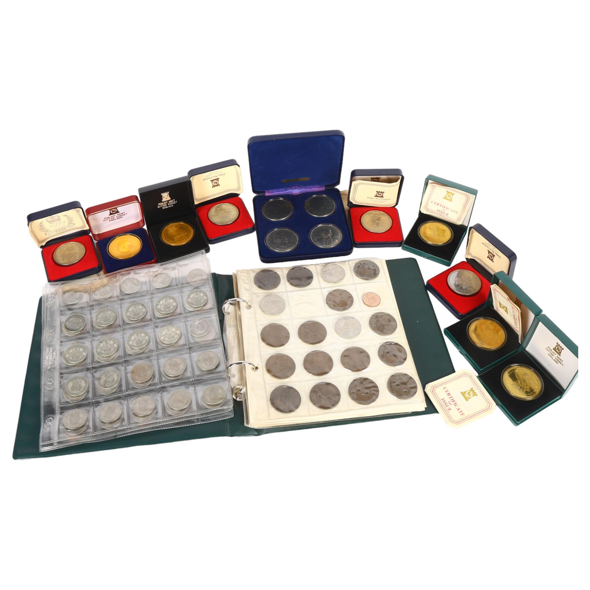 Various Silver Jubilee and Coronation collector's coins, cased, and an album of pre-decimal