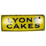 A Vintage yellow and blue enamelled advertising sign, "Lyons Cakes", L122cm