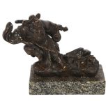 A cast Oriental bronze group, figure in chains on marble stand, H14cm