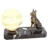 A French Art Deco lamp with Alsatian figure, on marble base, L20cm