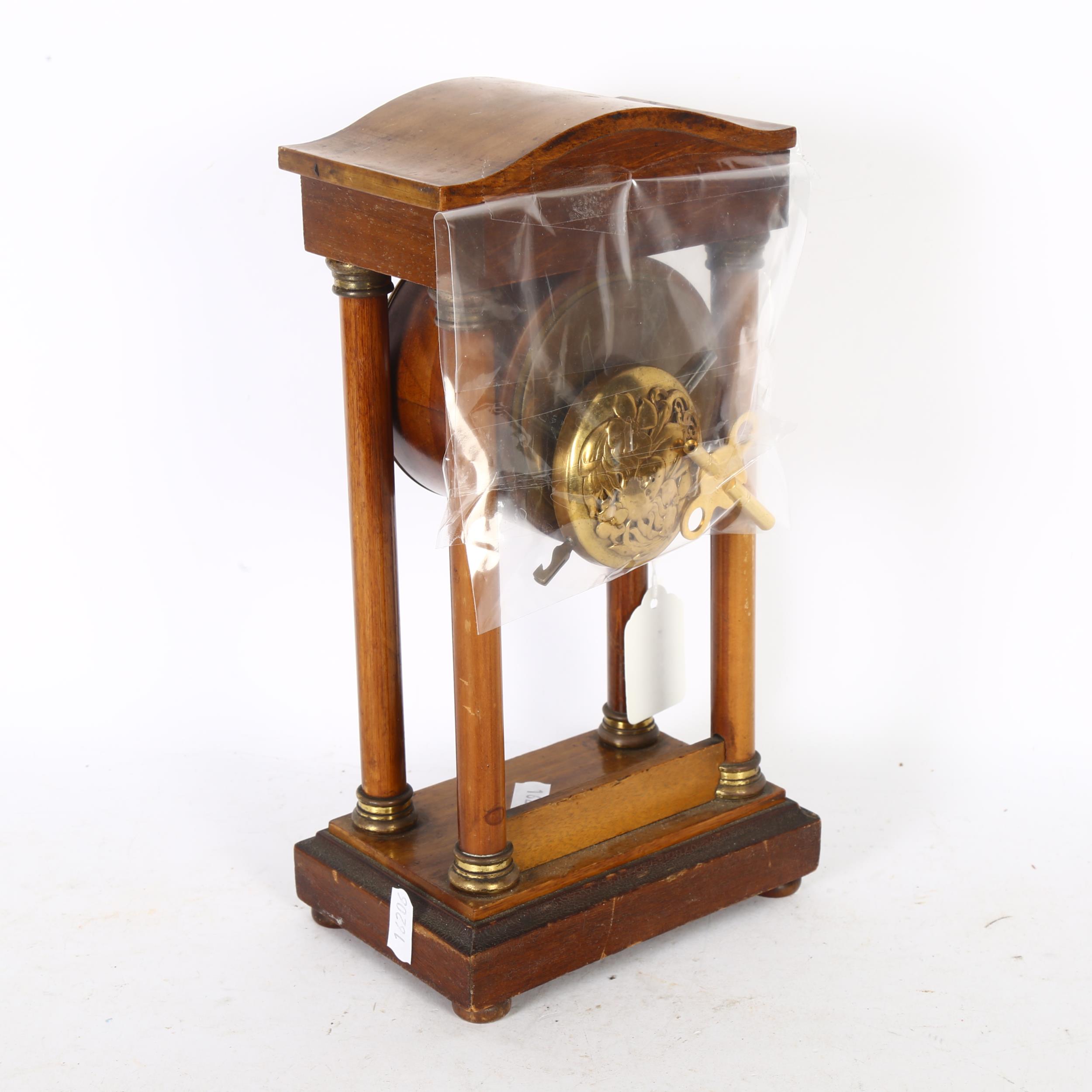 A small Edwardian mahogany and inlaid Portico clock, with key and pendulum, H27cm - Image 2 of 2